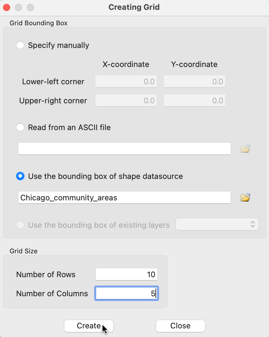 Grid creation dialog