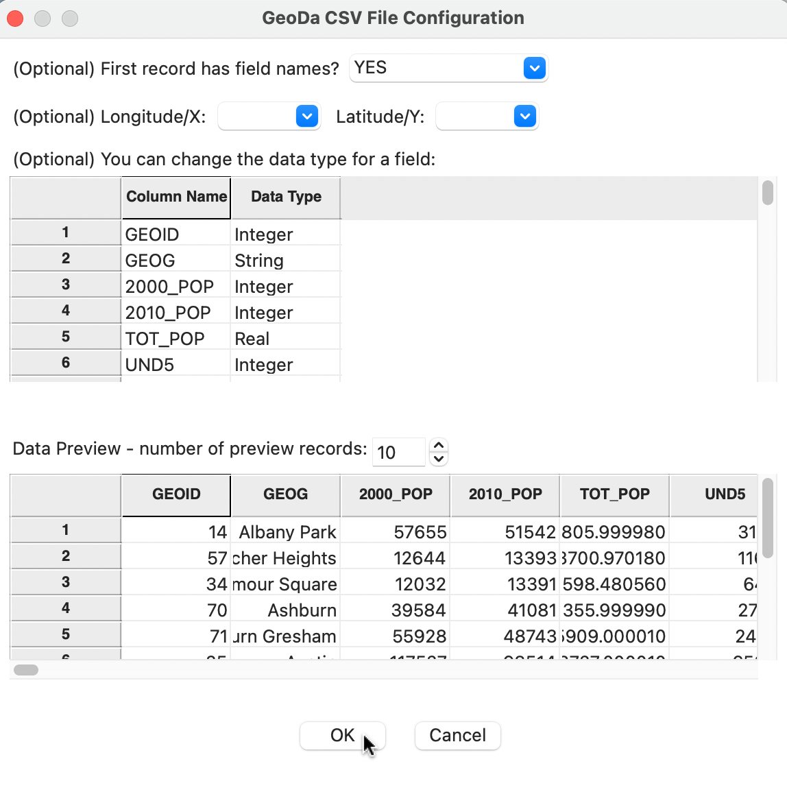 CSV format file input dialog