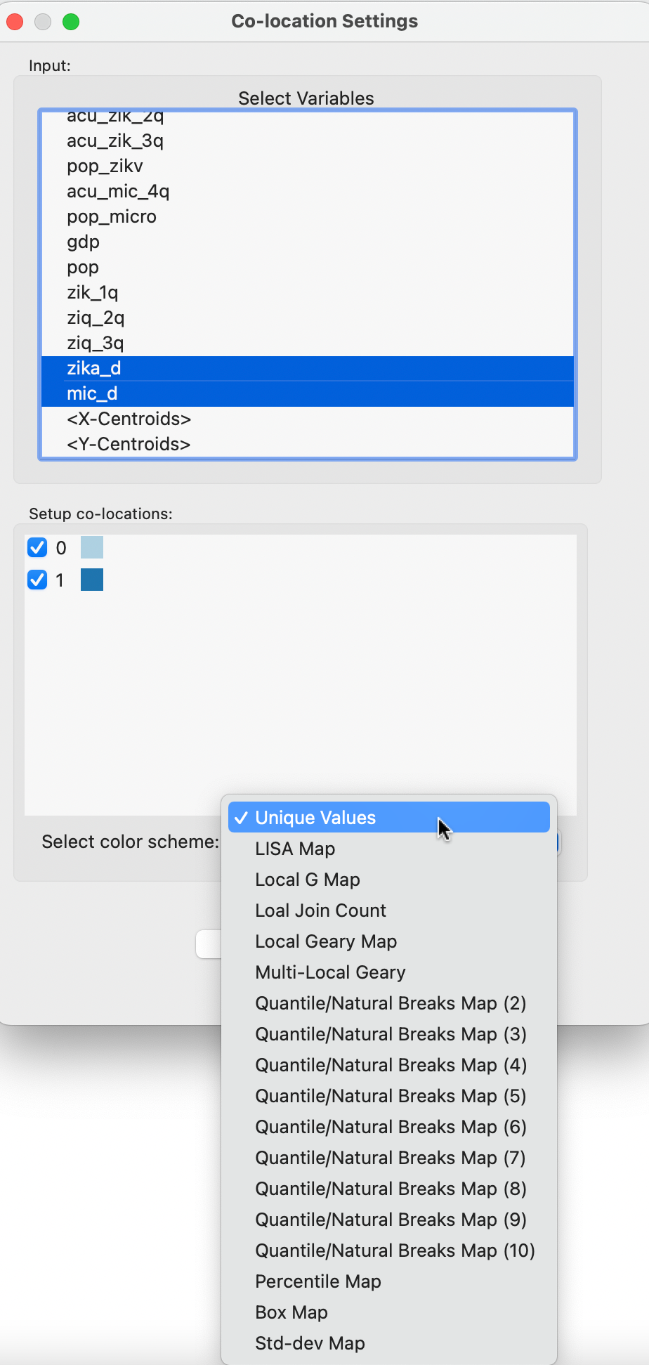 Co-location map variable selection, Zika and Microcephaly indicators