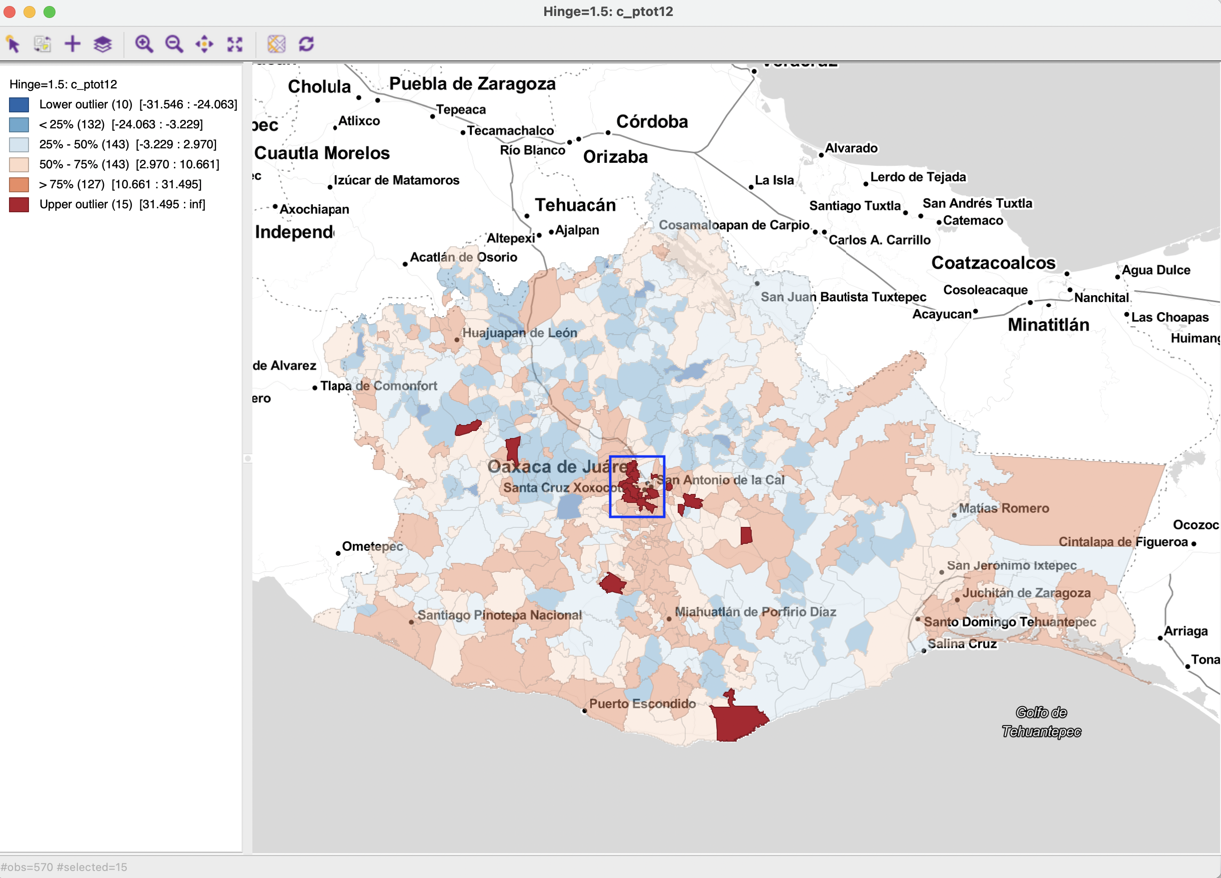 Box map for population change 2020-2010 (upper outliers selected)