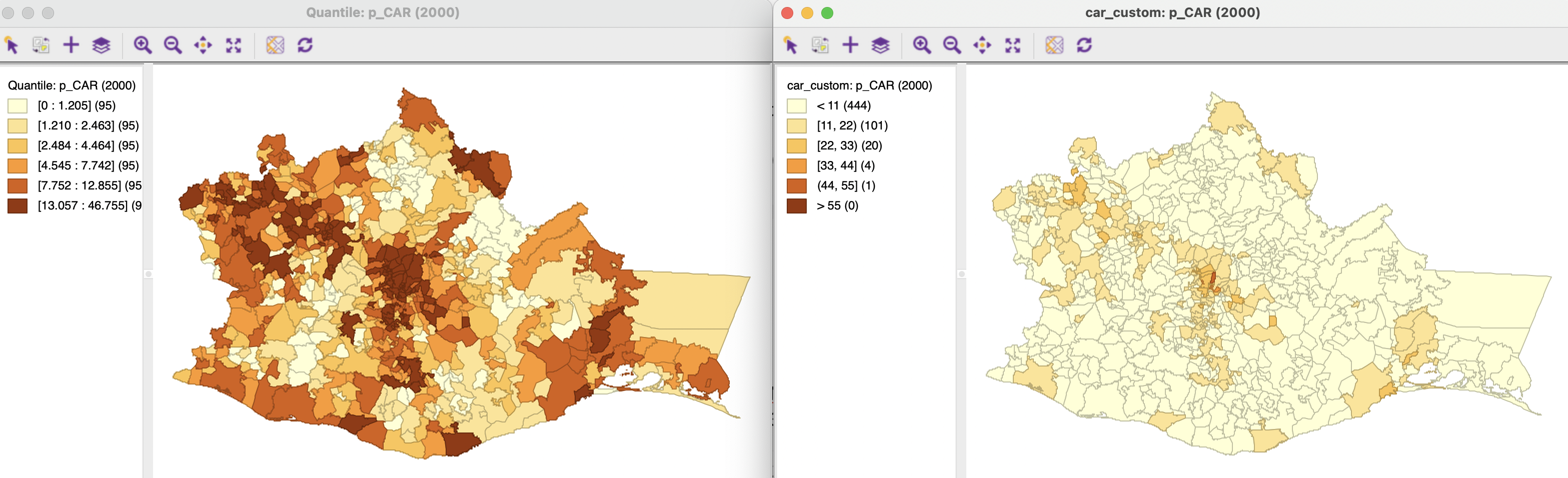 Thematic maps for car ownership in 2000