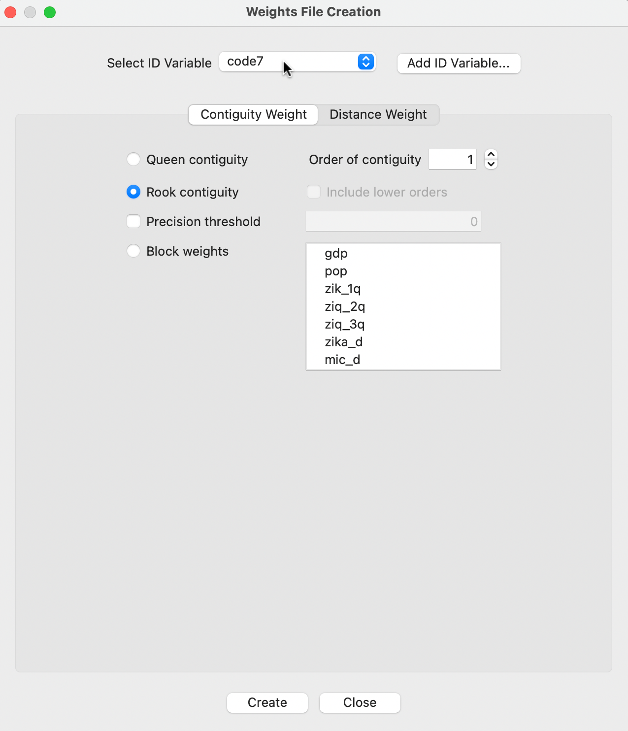 Rook contiguity in the Weights File Creation interface