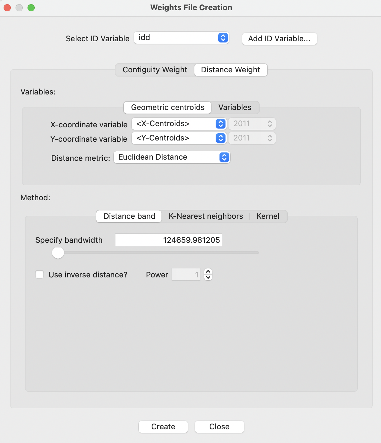 Distance-based weights in the Weights File Creation interface