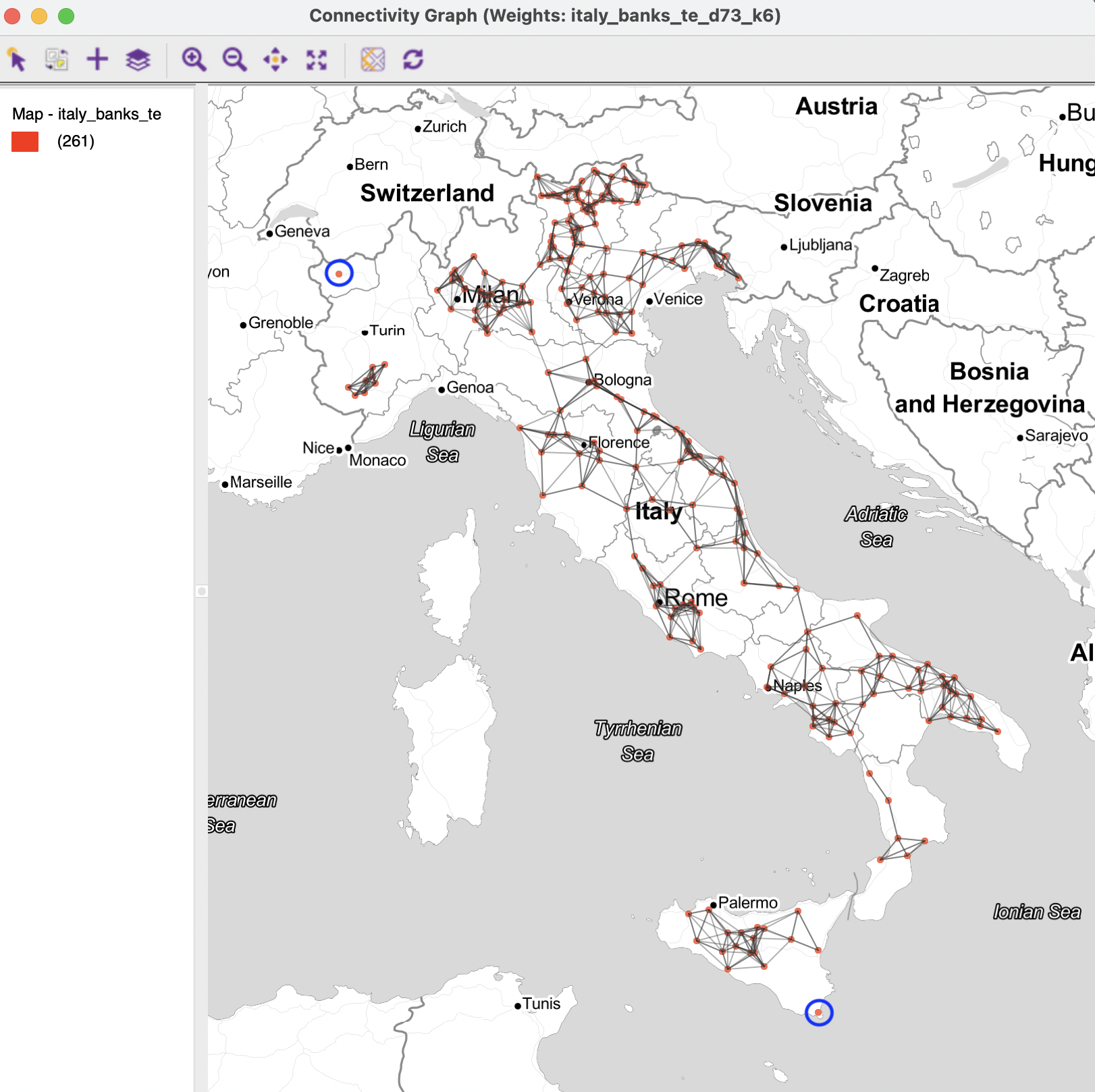 Connectivity graph for intersection distance 73km and knn 6