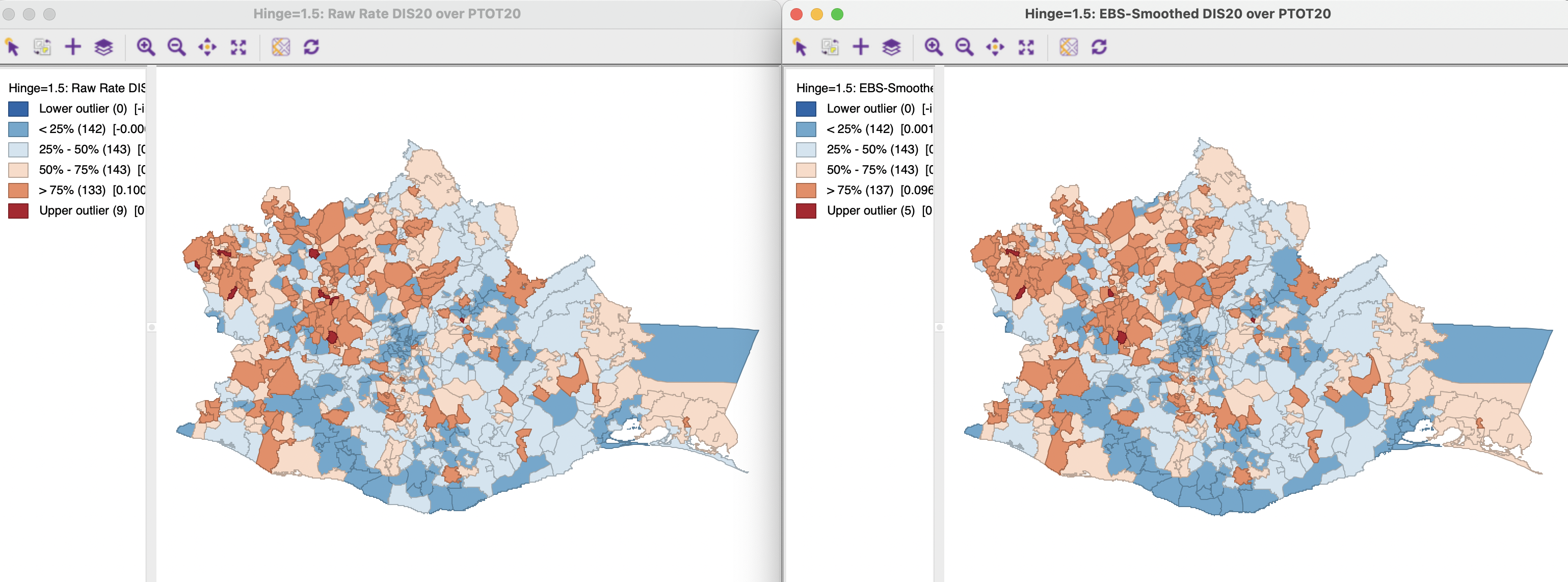 Disability rate: raw rate and EB smoothed rate