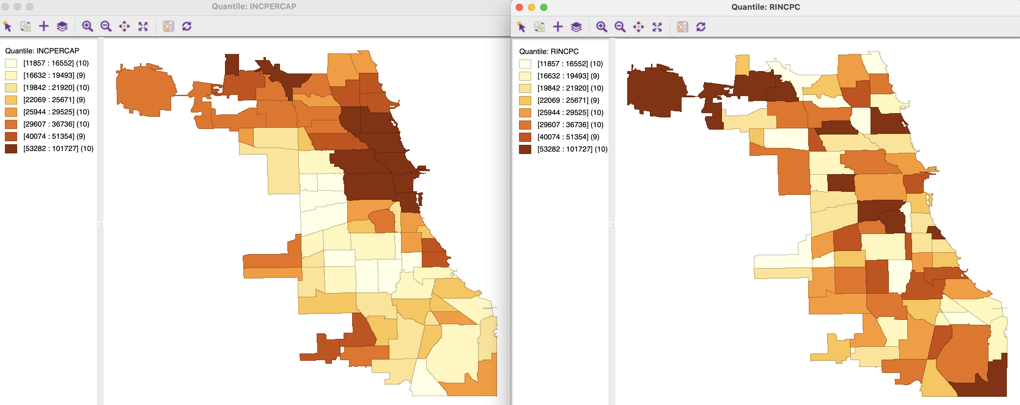 Spatially random observations - true and randomized per capita income