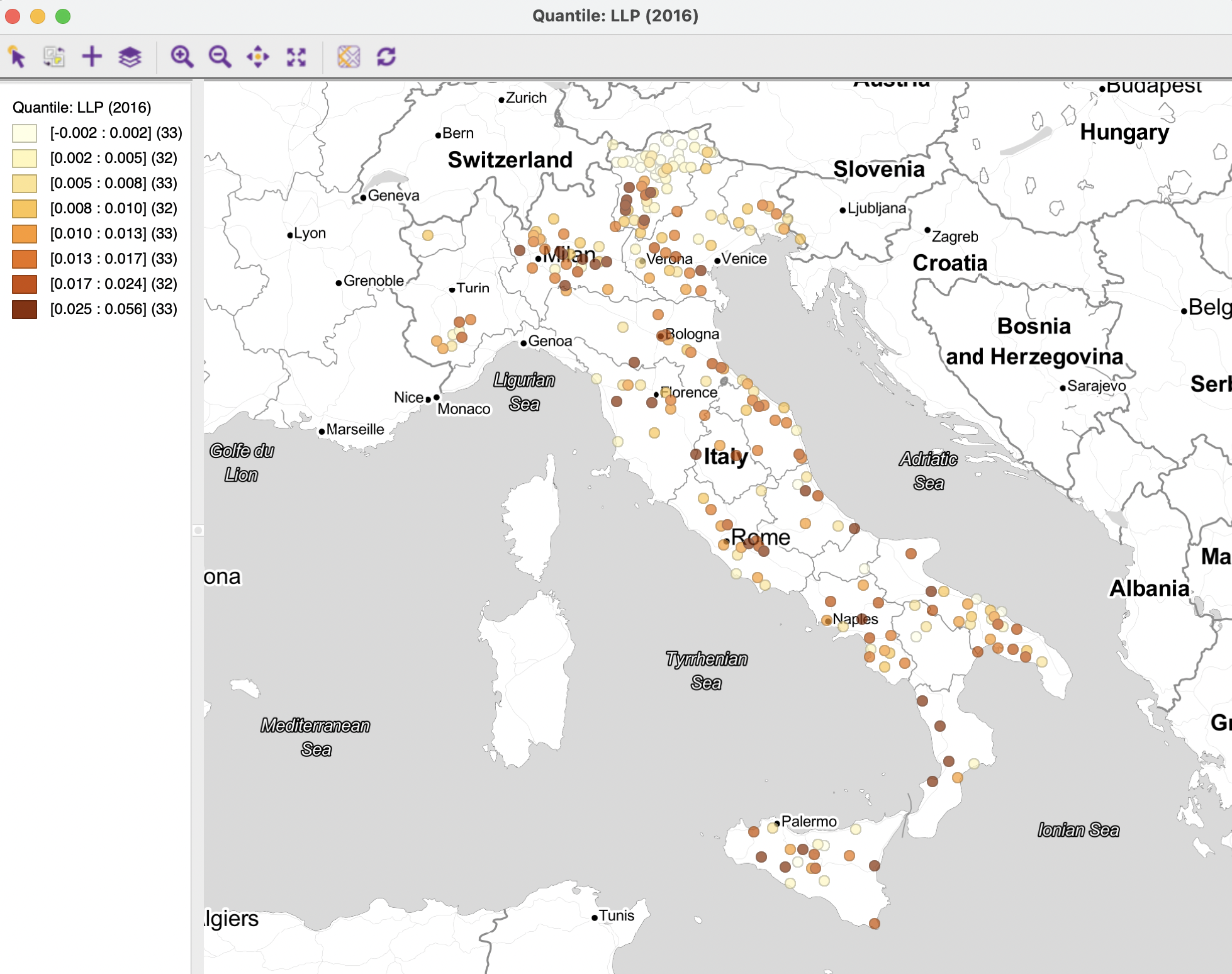 Spatial distribution of loan loss provisions - Italian banks 2016