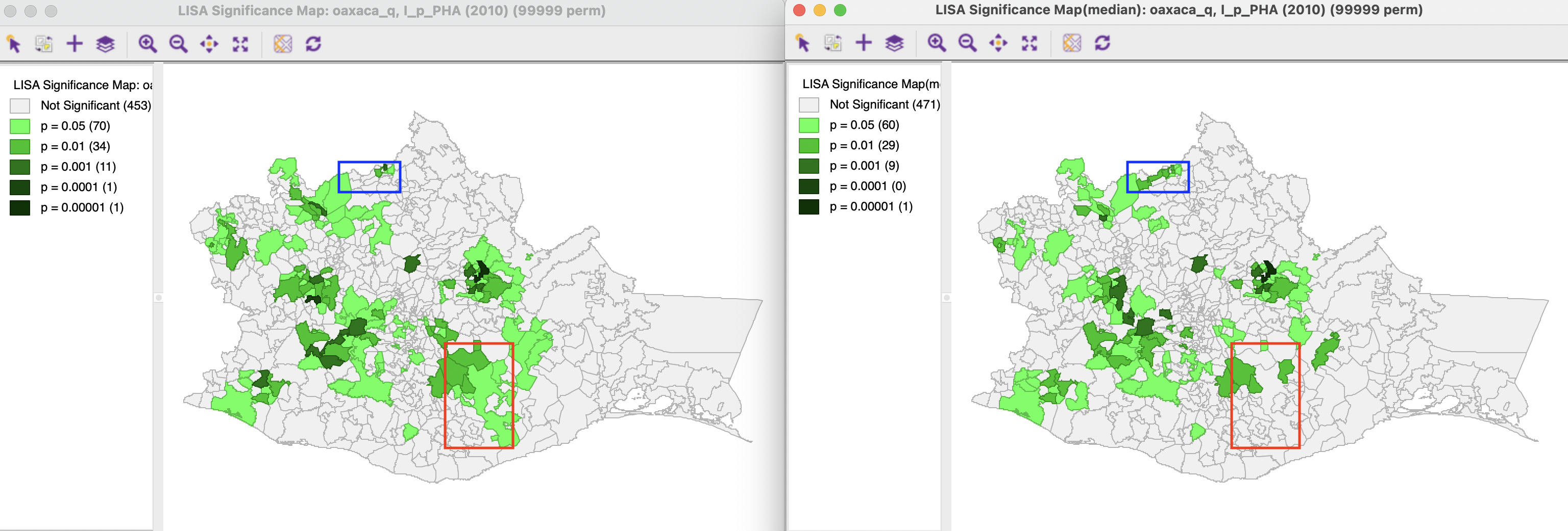 Significance maps conventional and Median Local Moran