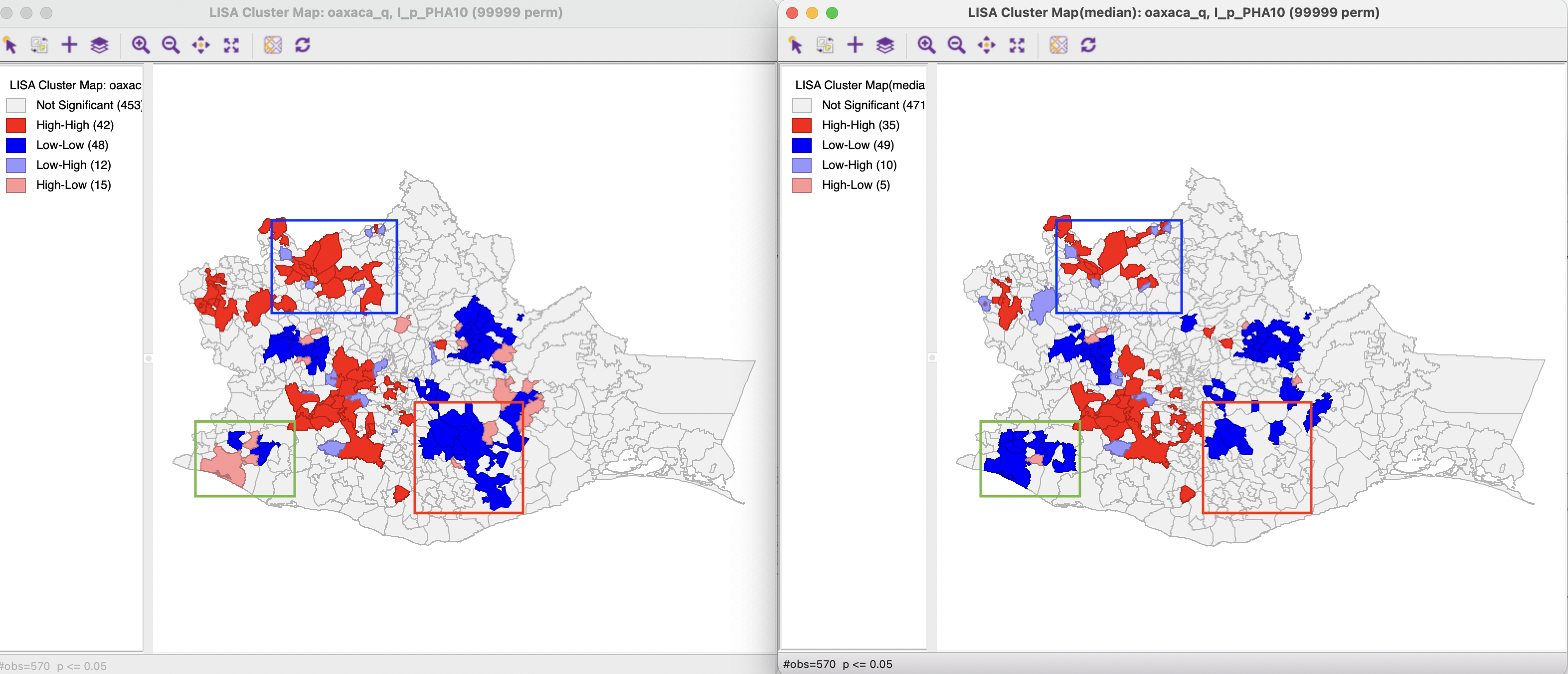 Cluster maps conventional and Median Local Moran