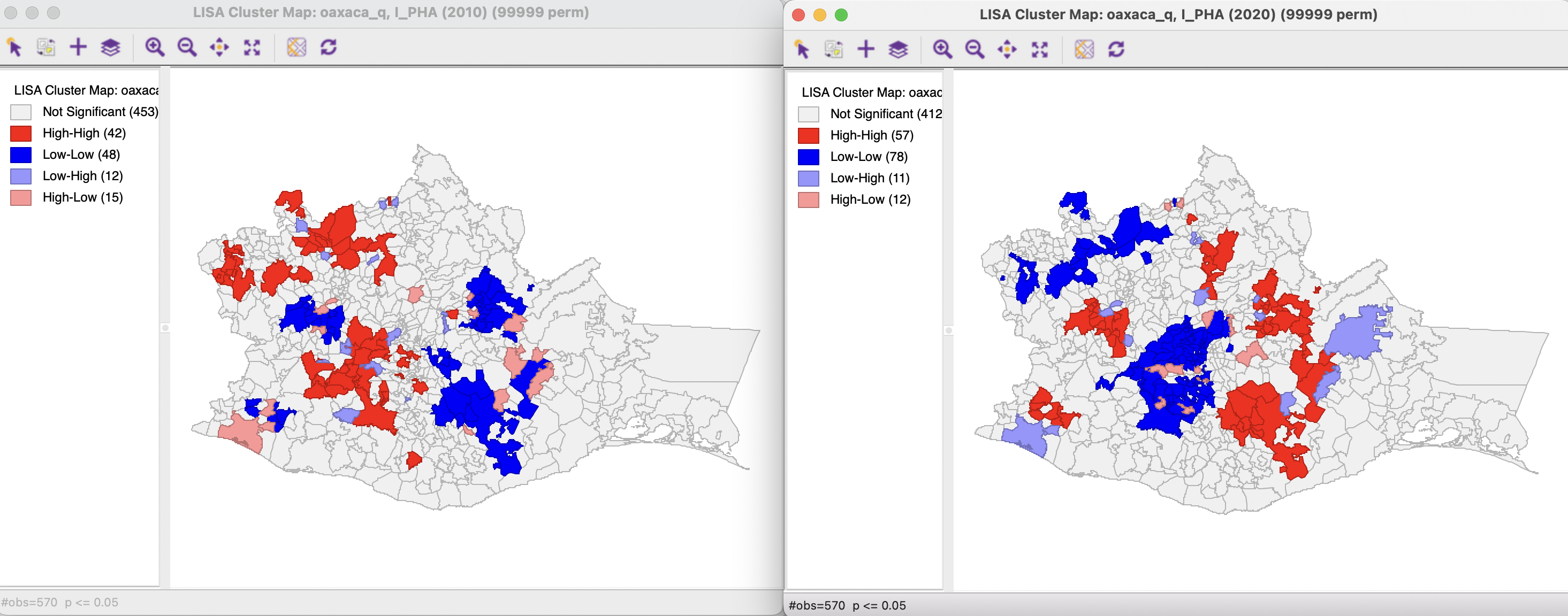 Cluster maps for Local Moran in 2010 and 2020