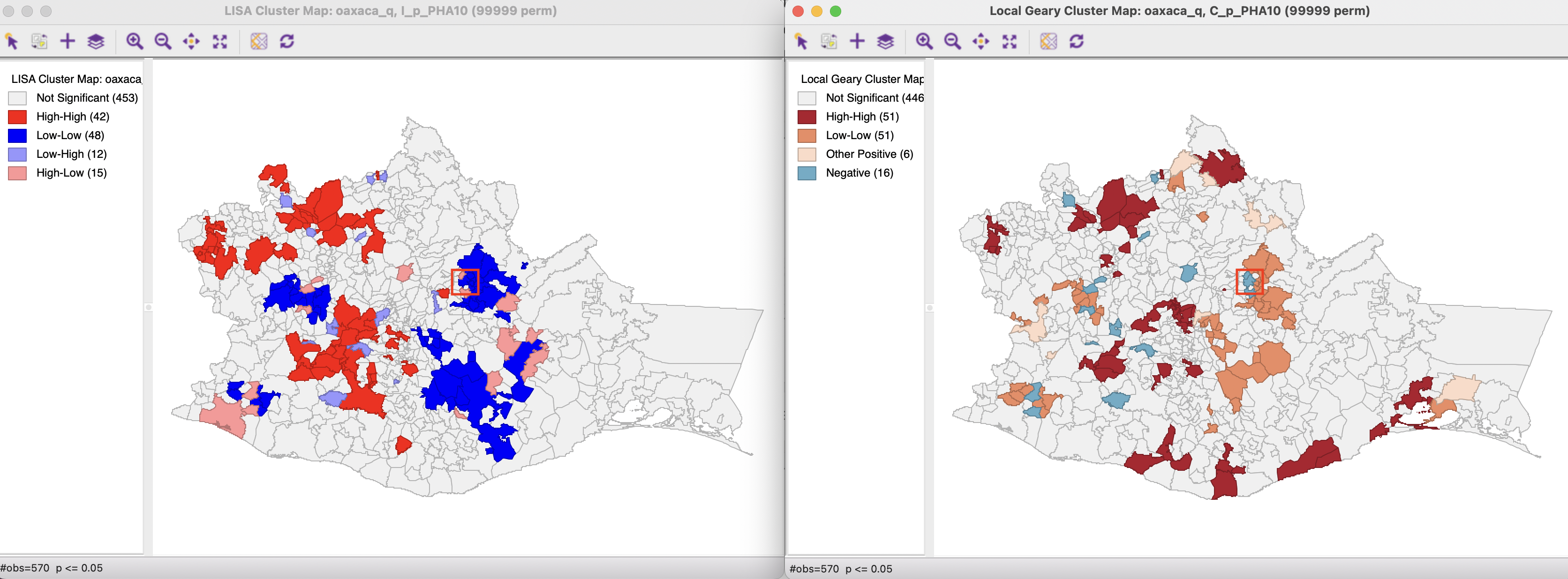 Local Geary and Local Moran cluster maps