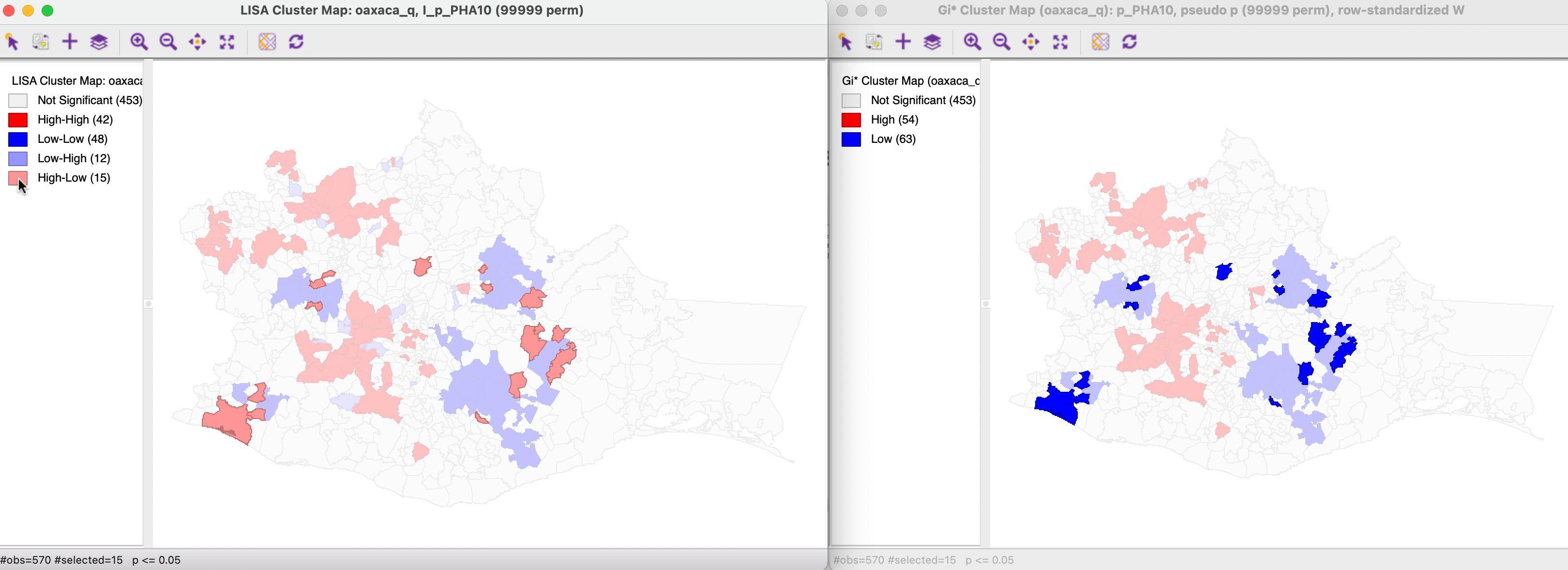 Gi* and Local Moran High-Low spatial outliers