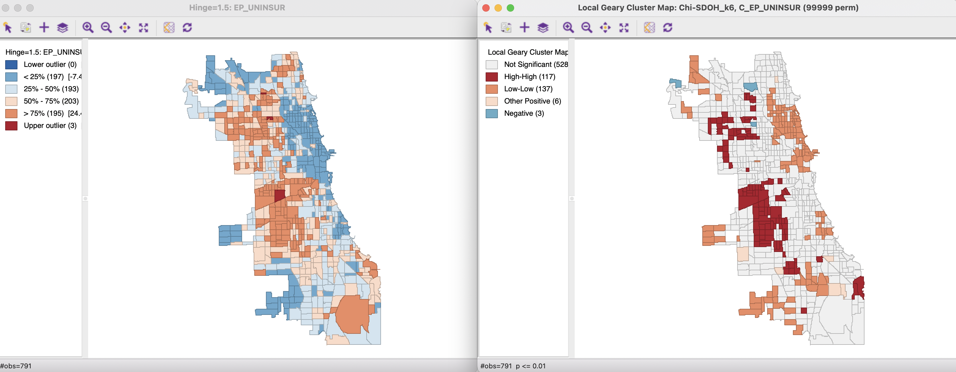 Box Map and Local Geary cluster map - Uninsured