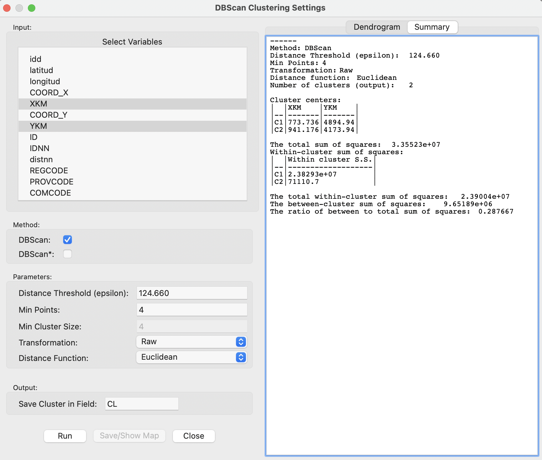 DBSCAN Clustering Settings