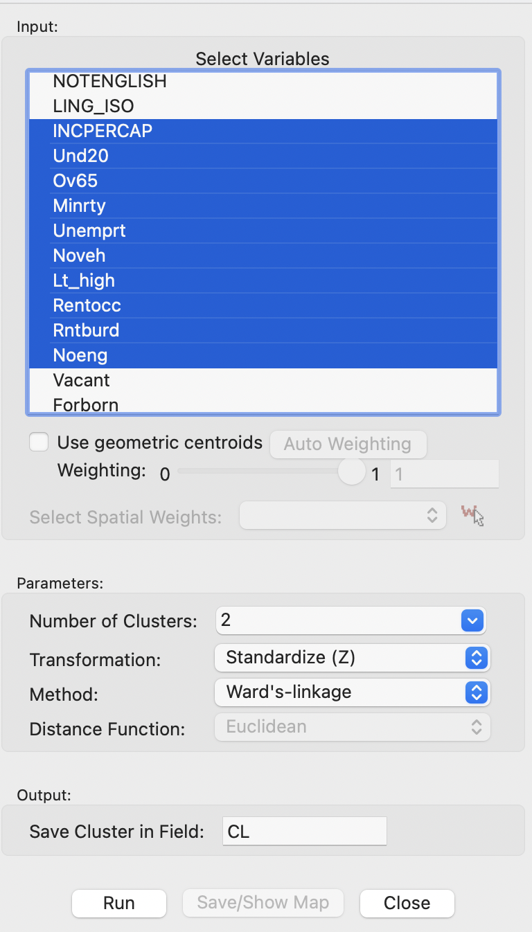 Hierarchical Clustering Variable Settings