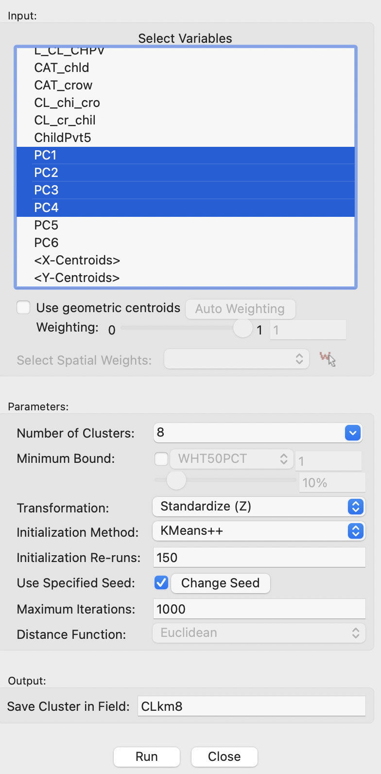 K-Means Clustering Variable Settings