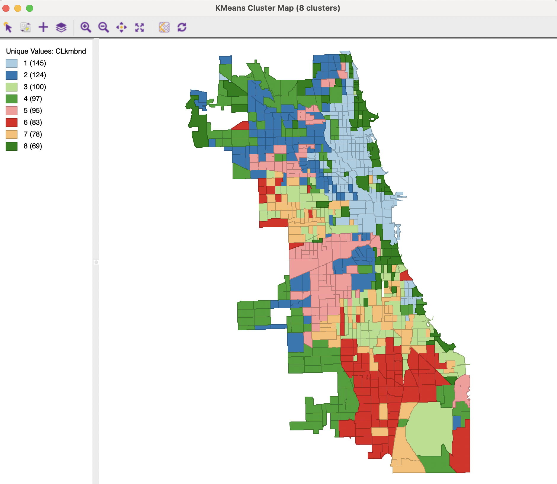 Cluster Map - K-Means Method, population bound 200,000, k=8