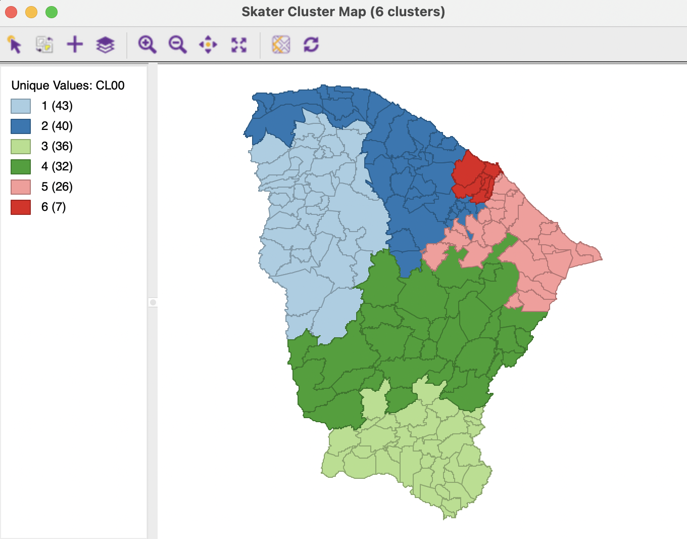 Ceará, constrained SKATER cluster map, k=7 with min population size