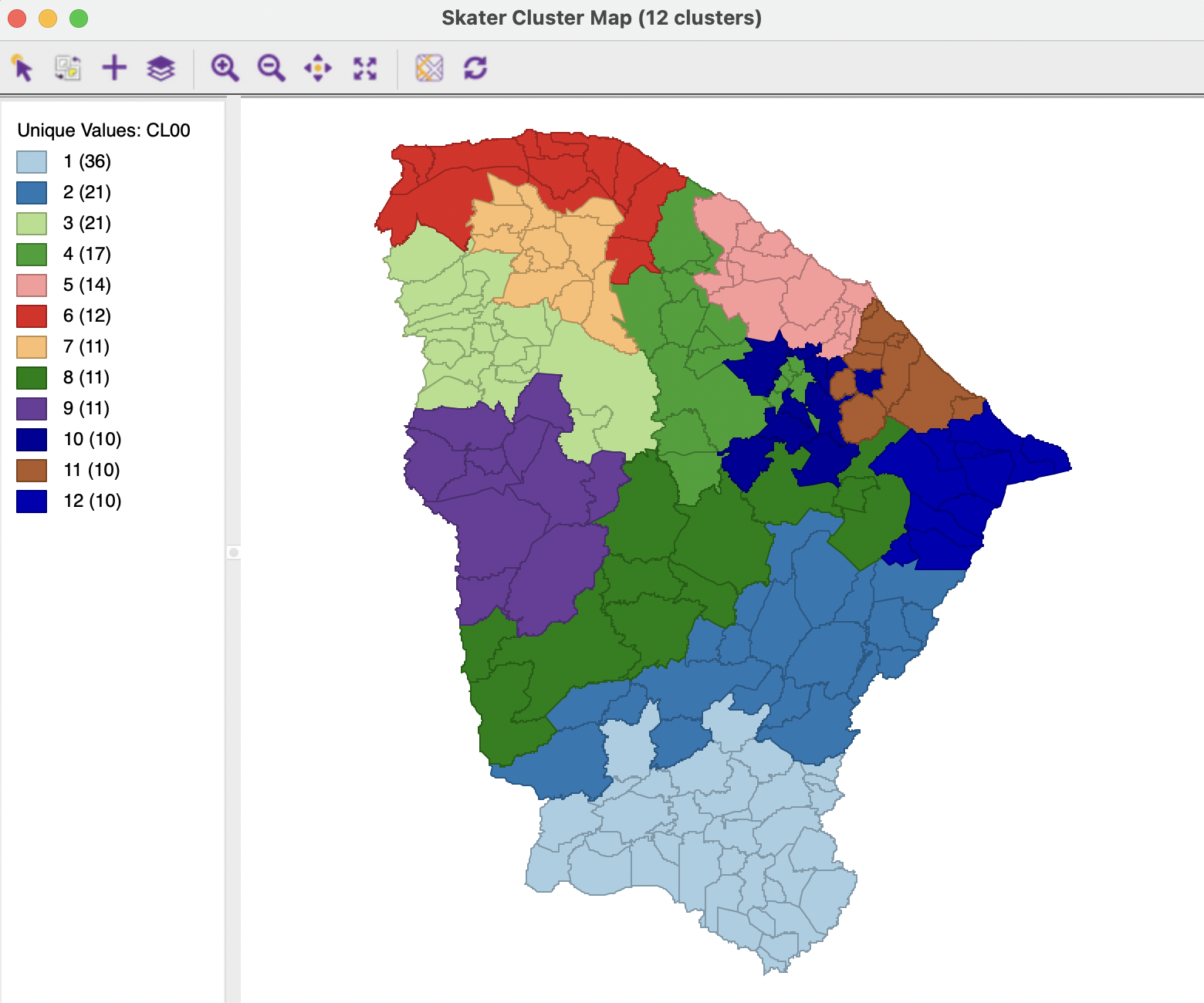 Ceará, constrained SKATER cluster map, k=12 with min cluster size 10