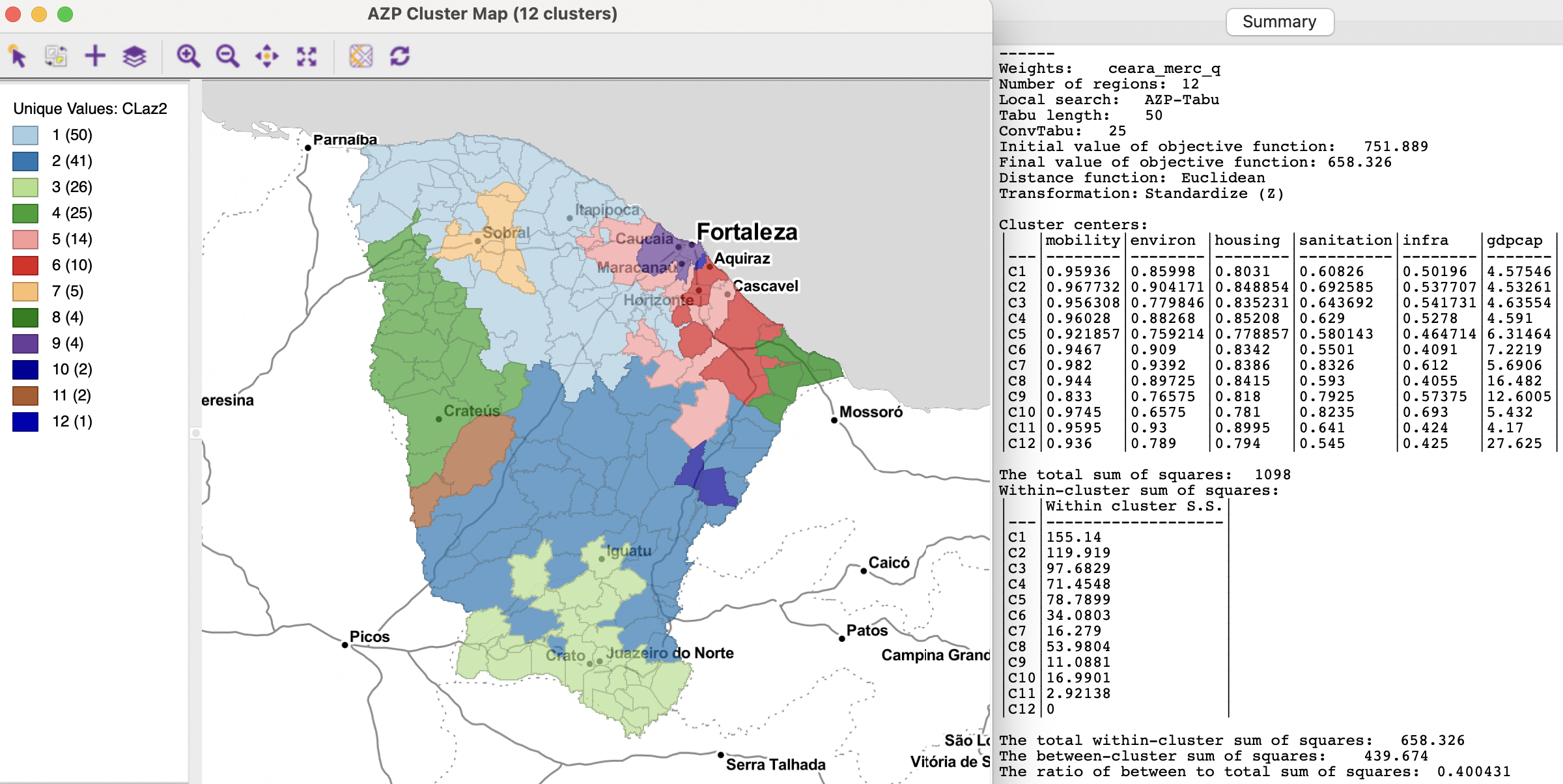 Ceará AZP clusters for p=12, tabu search