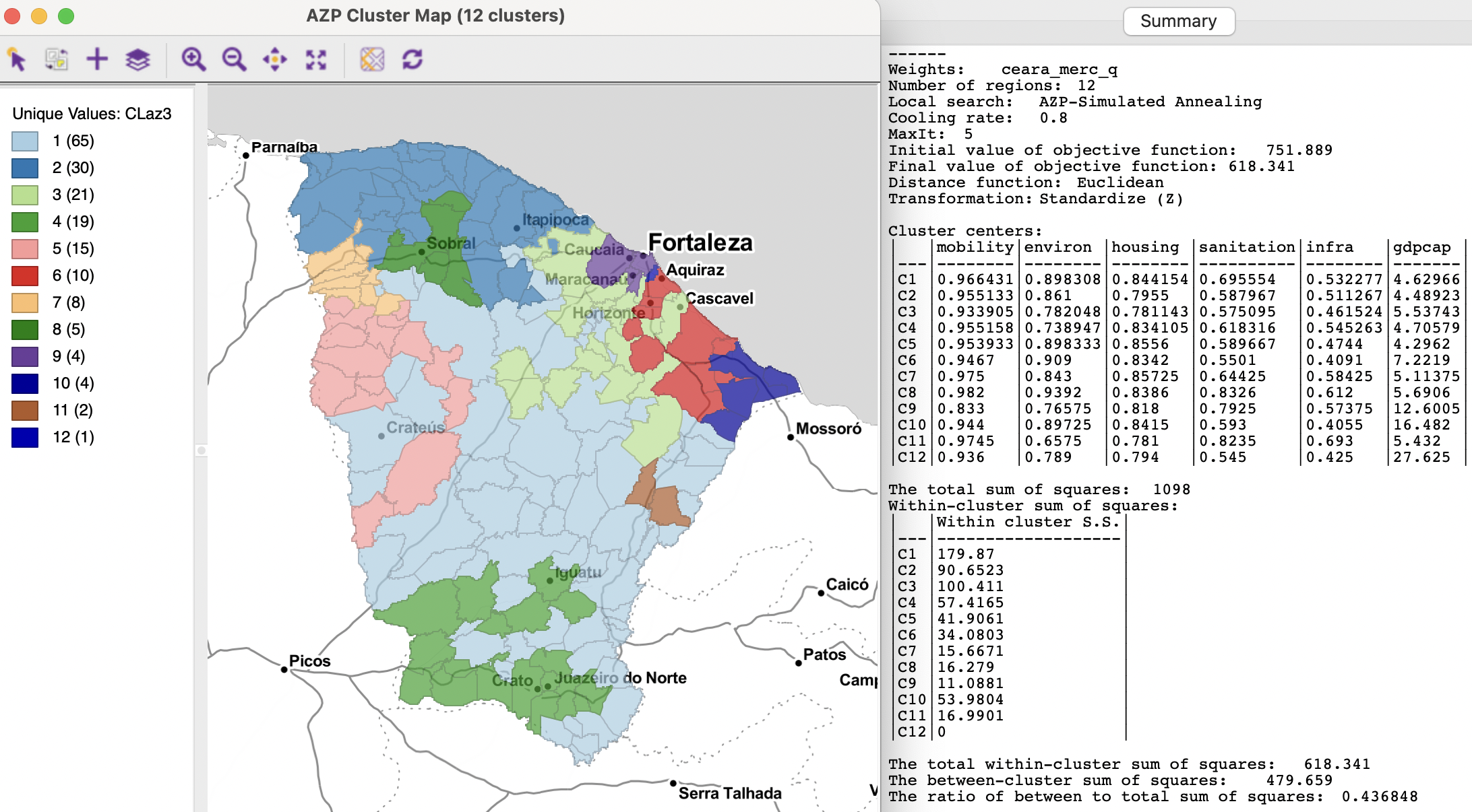 Ceará AZP clusters for p=12, simulated annealing search