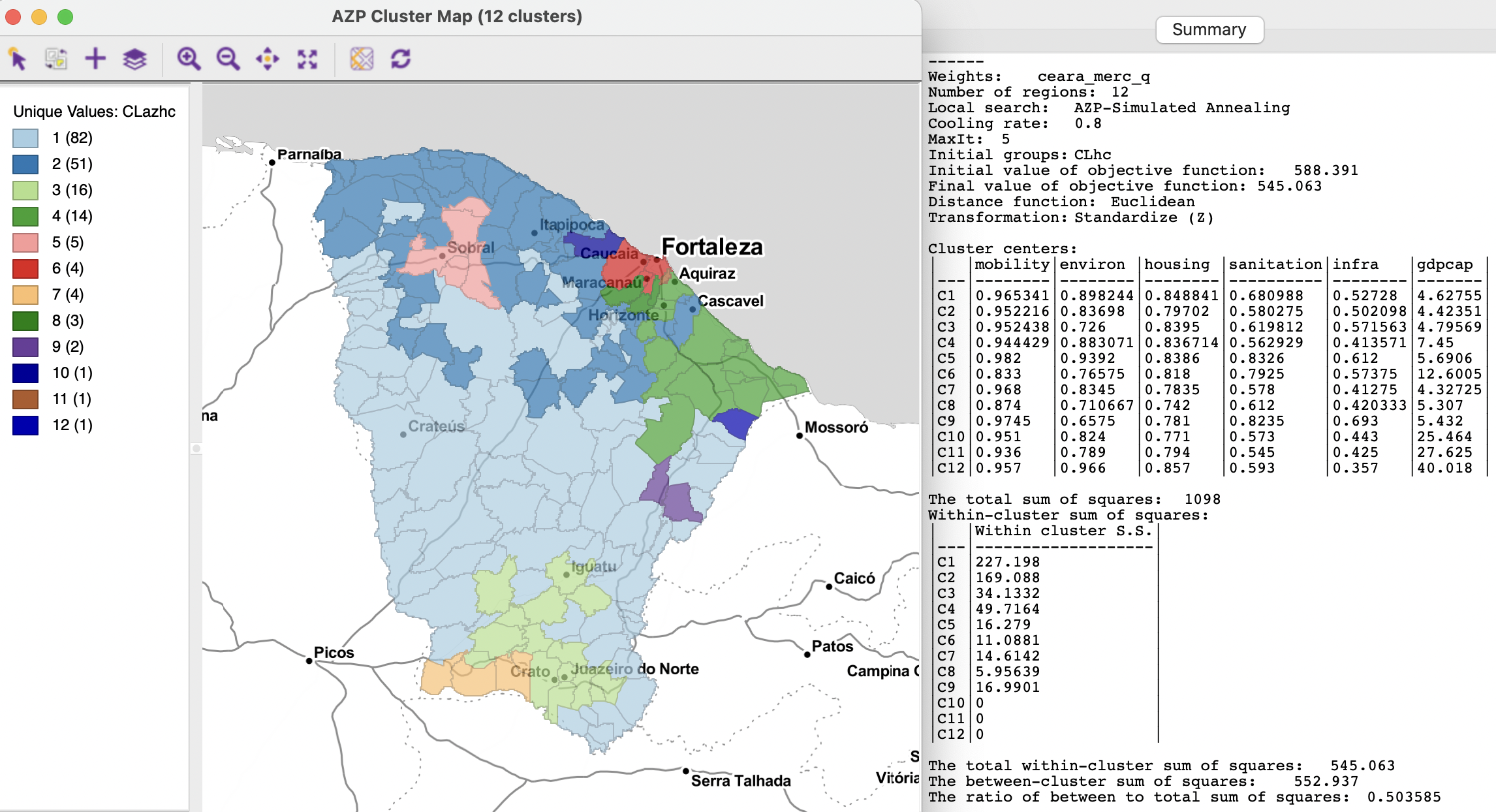 Ceará AZP clusters for p=12, simulated annealing search with SCHC initial regions