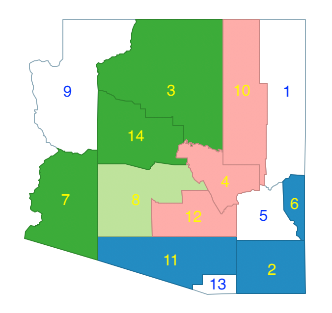 Arizona max-p enclaves and initial regions 1, 2, 3, 4